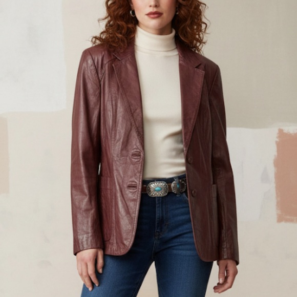 Vintage SHEPLERS Women's Burgundy Leather Western Blazer Jacket Size 16 Cowgirl - Picture 16 of 16